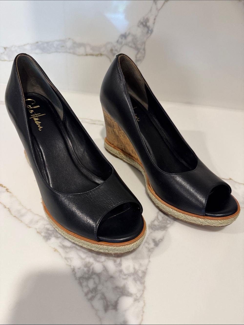 Cole Haan Black Leather Peep-Toe Wedge Sandals with Cork Heel